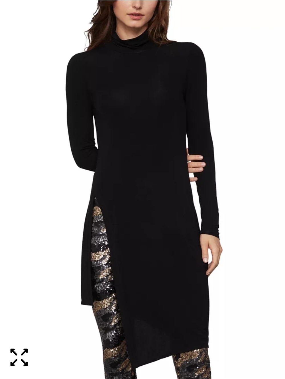 BCBG Black Long-Sleeve High-Neck Tunic with Side Slit